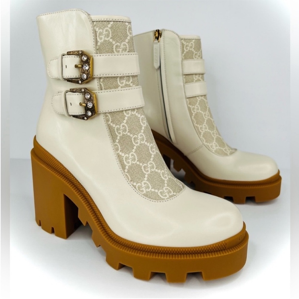GUCCI Kensington GG Supreme Leather Crystal Buckle Platform Ankle Boots EU 41 - Picture 3 of 13